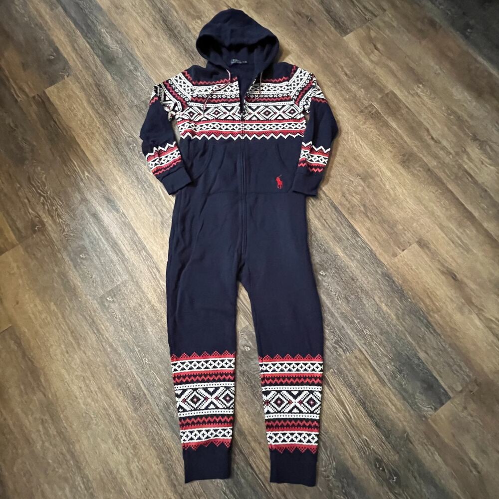 Polo Ralph Lauren One Piece Pajamas Full Zip Pockets Navy Christmas Print Mens M